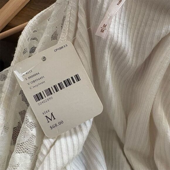 FP M Ivory Ribbed Lace Frill Square Neck Long Sleeve Blouse Y2K Romantic - Picture 5 of 7